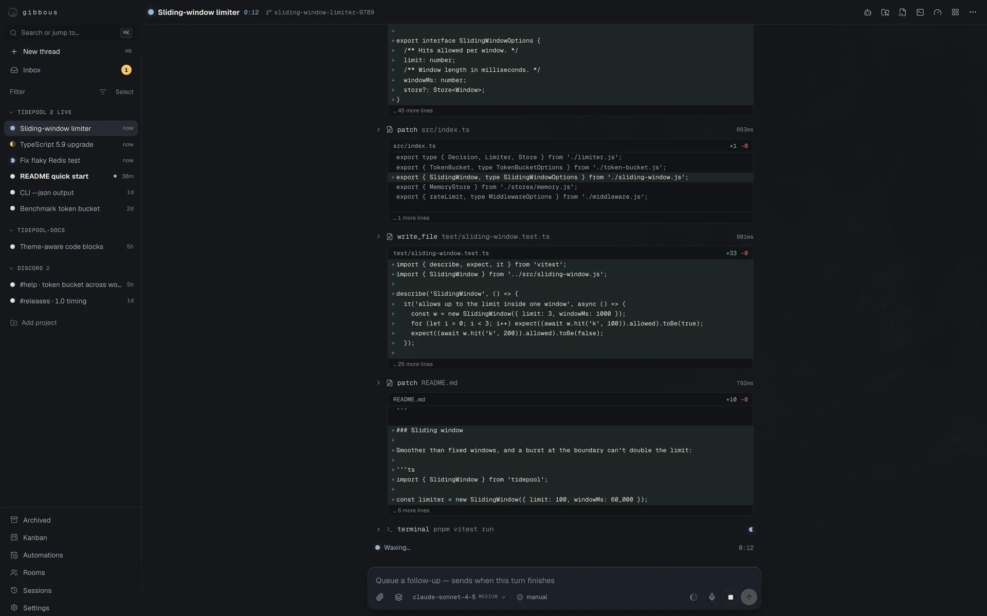 A Gibbous thread mid-turn, with reasoning and tool calls streaming
