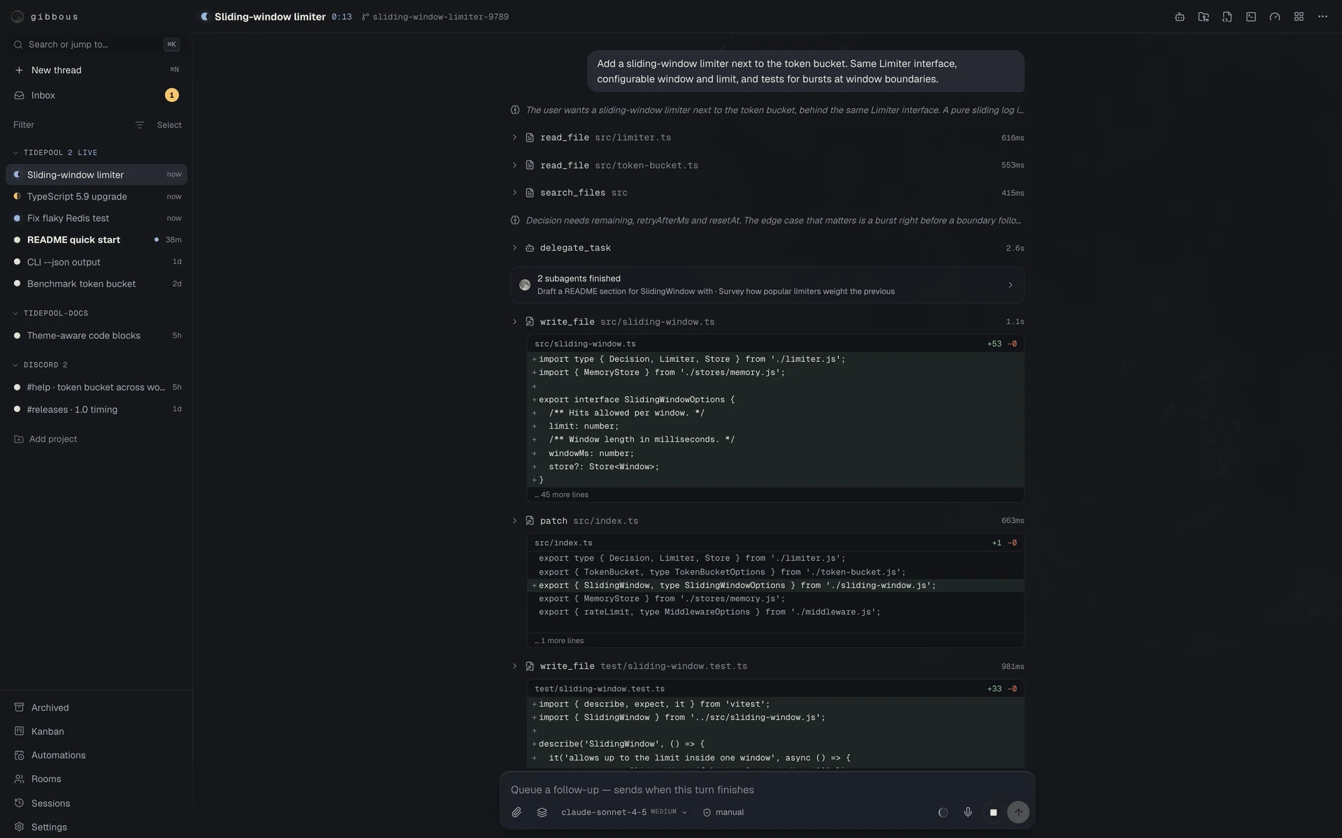 A thread with reasoning, subagents and an inline diff