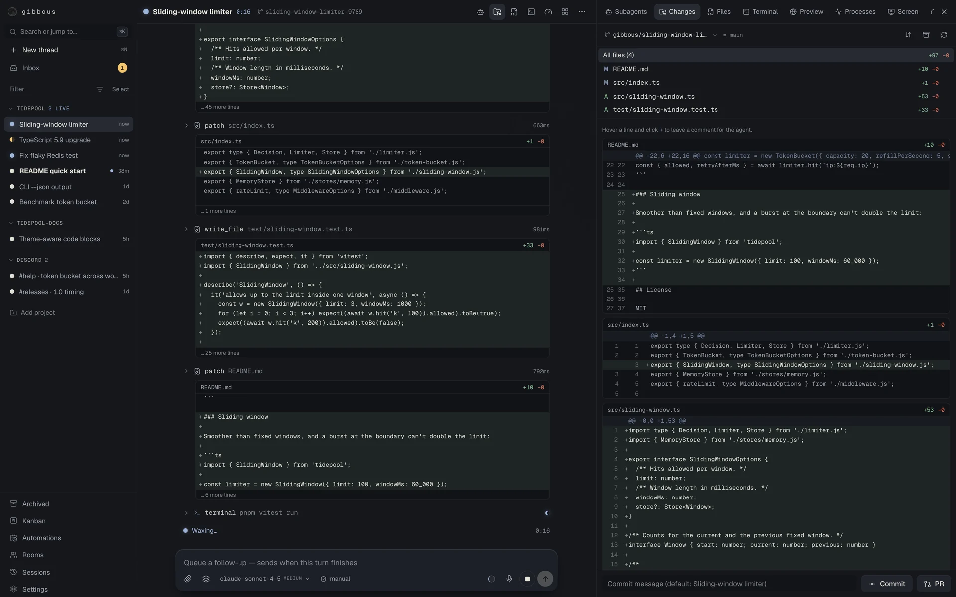 The Changes panel showing a diff next to the thread