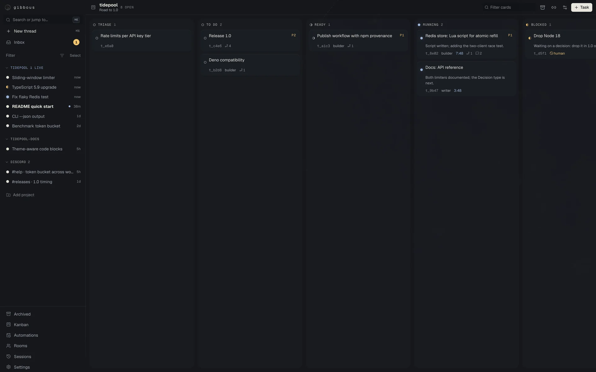 A project's Hermes kanban board in Gibbous