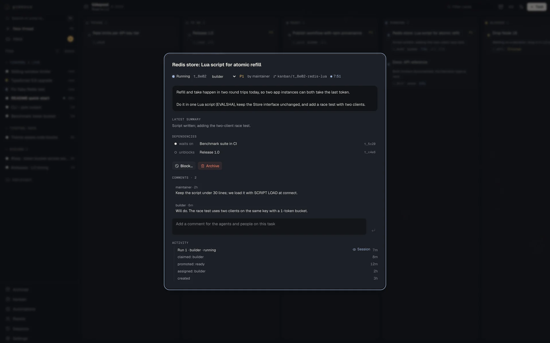 A kanban card with its dependencies, comments and the worker's run