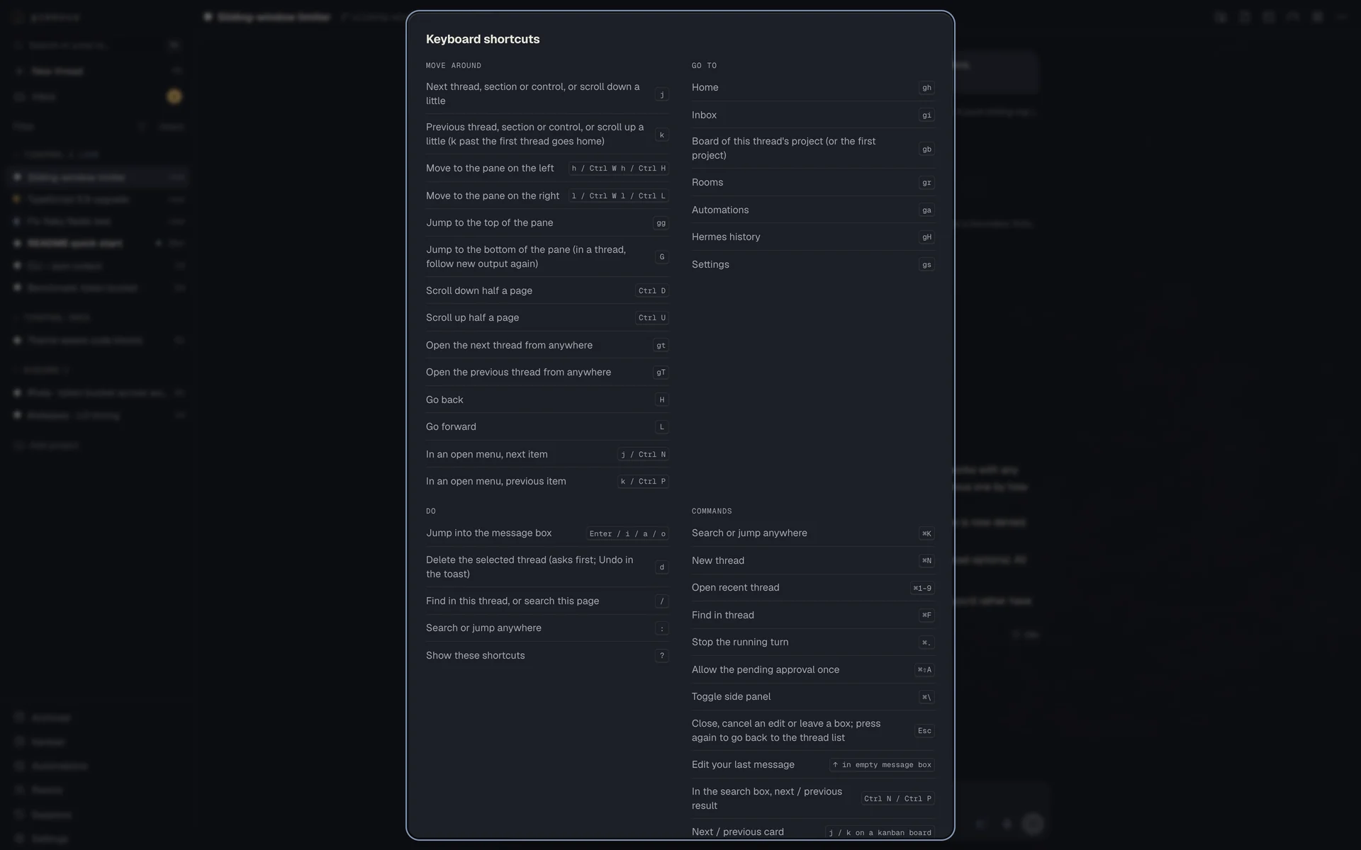 The keyboard shortcuts sheet