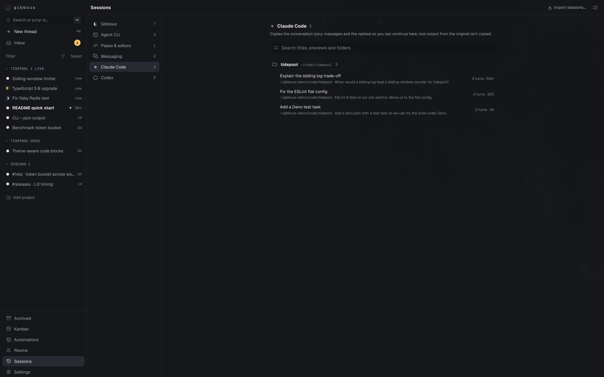 The Sessions screen listing Claude Code sessions ready to import